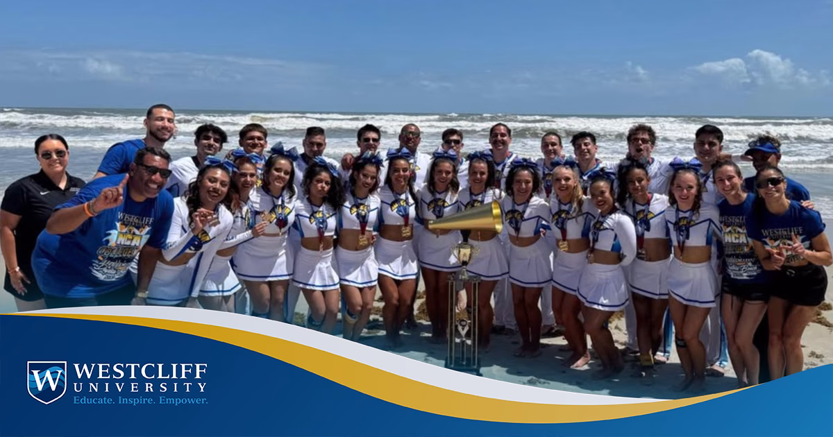 Westcliff University cheer team performing winning routine at NCA Championships in Daytona Beach Florida