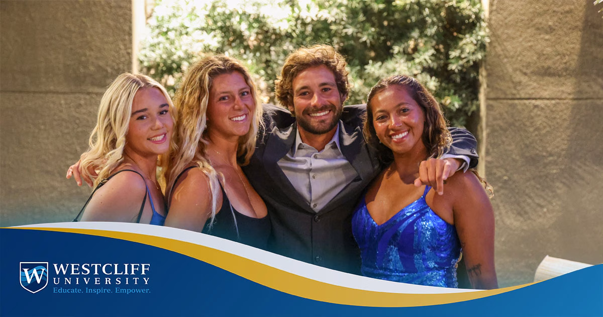Westcliff University student-athletes and coaches celebrating at the Blue & Gold Gala awards night at Tustin Ranch Golf Course
